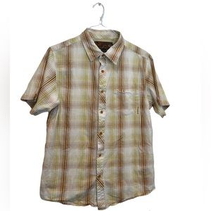 Prana Mens L Slim Fit Short Sleeve Button Up Multicolor Yellow Orange‎ Check EUC